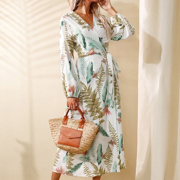 Boho Tropical Leaves Wrap White Midi Dress - Picture 4 of 6